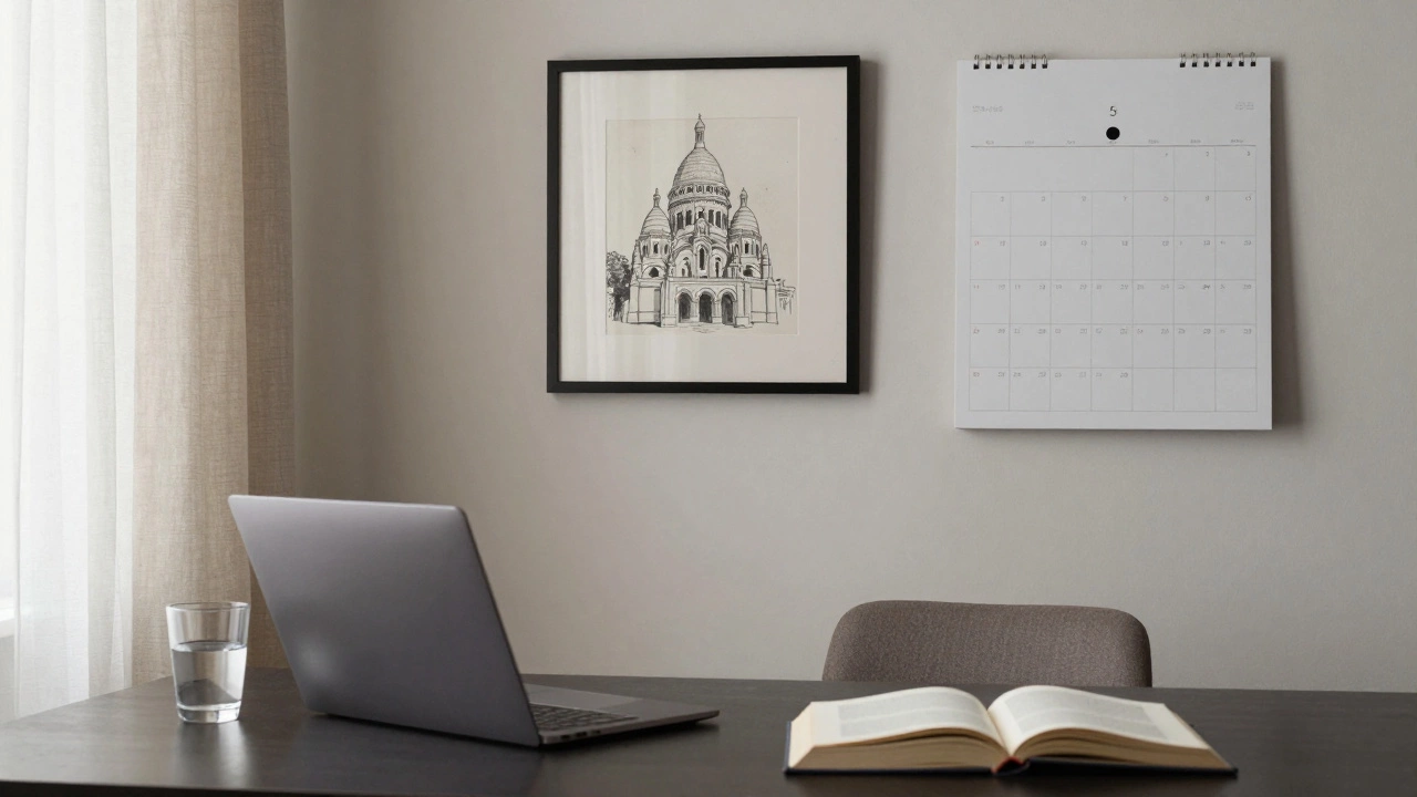 A serene apartment desk with a notebook, book, and calendar, morning light streaming through curtains, no faces shown.
