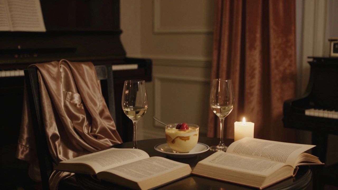 Candlelight illuminates wine glasses and open books on a table, crème brûlée untouched, soft shadows in a Parisian apartment.