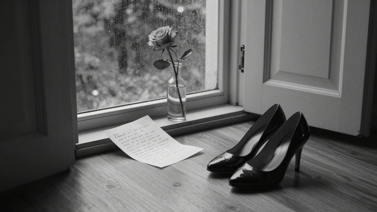Polished heels and a handwritten letter rest by an open door, rain streaking the window, a single rose wilting nearby in silent elegance.