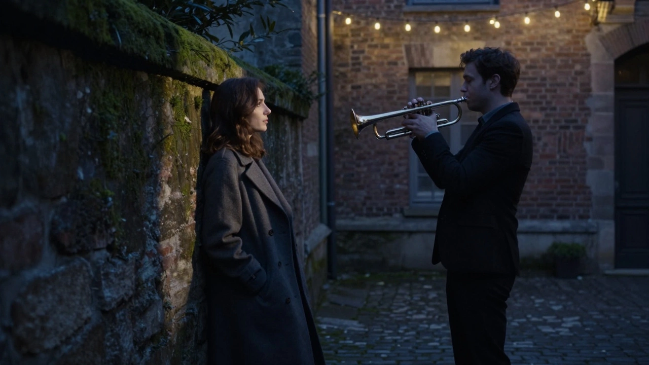 Silhouettes in a hidden Paris courtyard, jazz music drifting, string lights casting patterns on ancient stone walls.