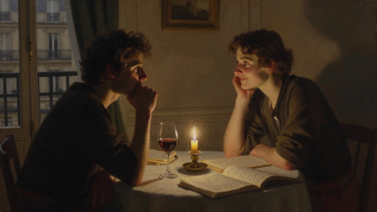 Two figures share a quiet moment at a candlelit table in Paris, books and music nearby, their gaze connecting in stillness and grace.